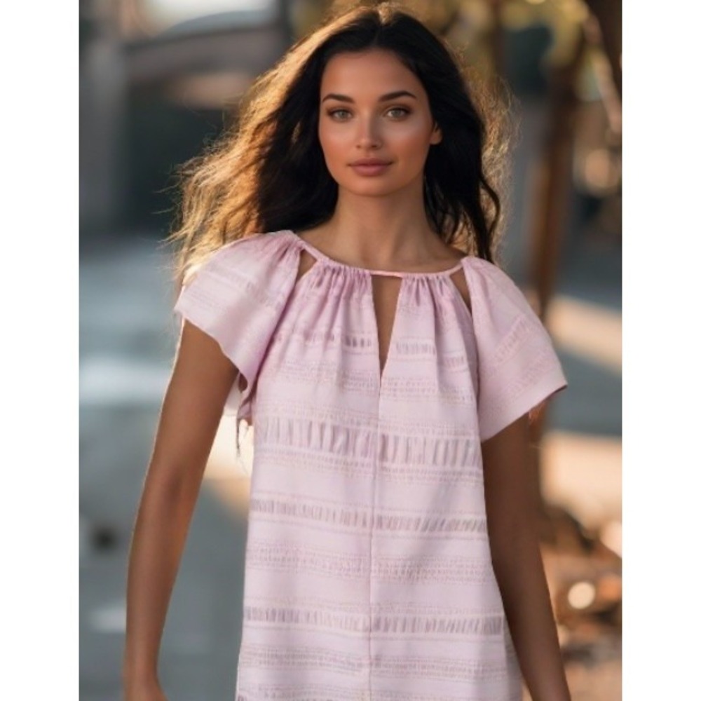 Rebecca Taylor Silk Cotton Top Size Small Pink Short Flutter Sleeve Cut Outs EUC